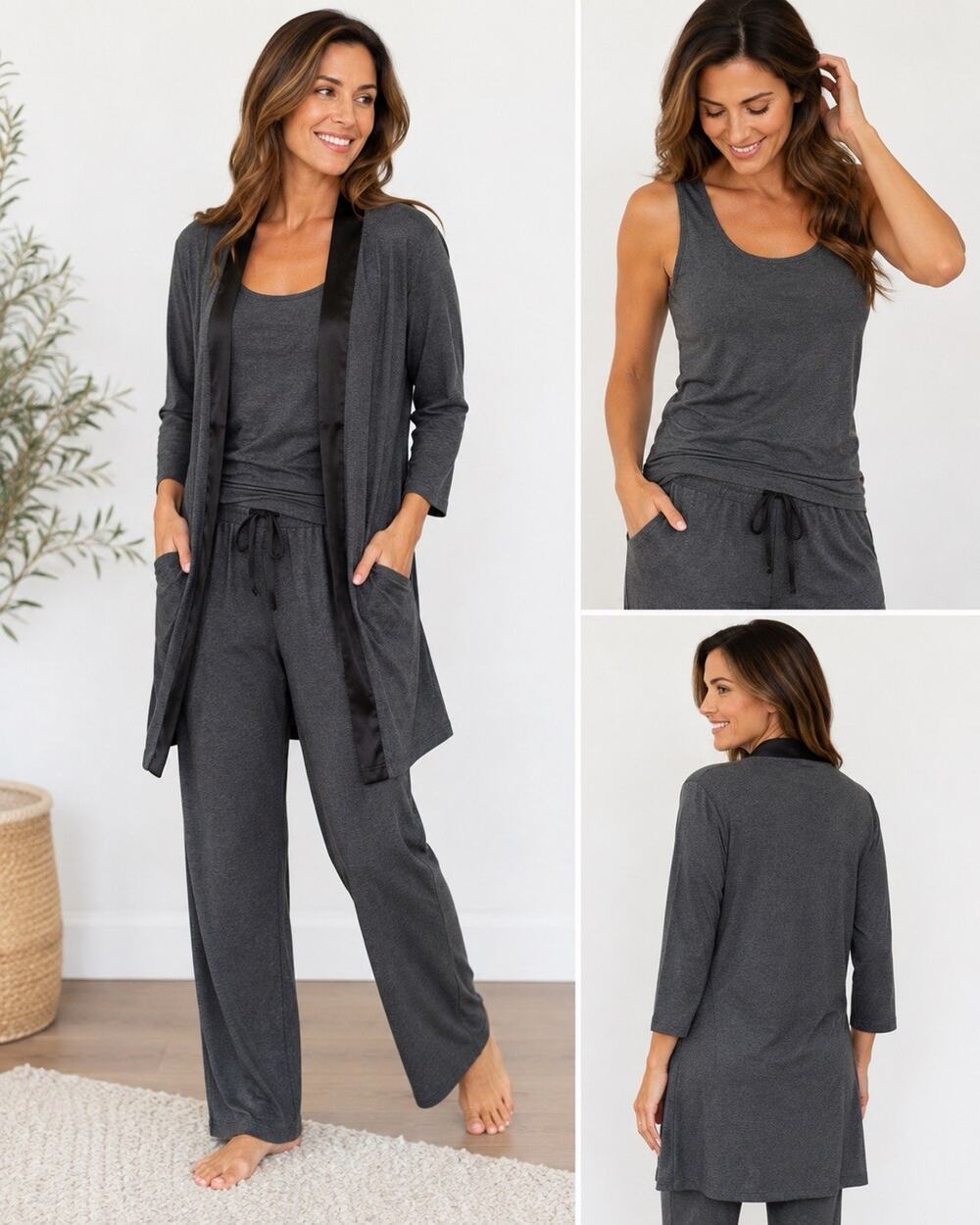 Schweitzer Linen Womens L 3 Piece Pajama Lounge Set Pima Cotton Modal Robe